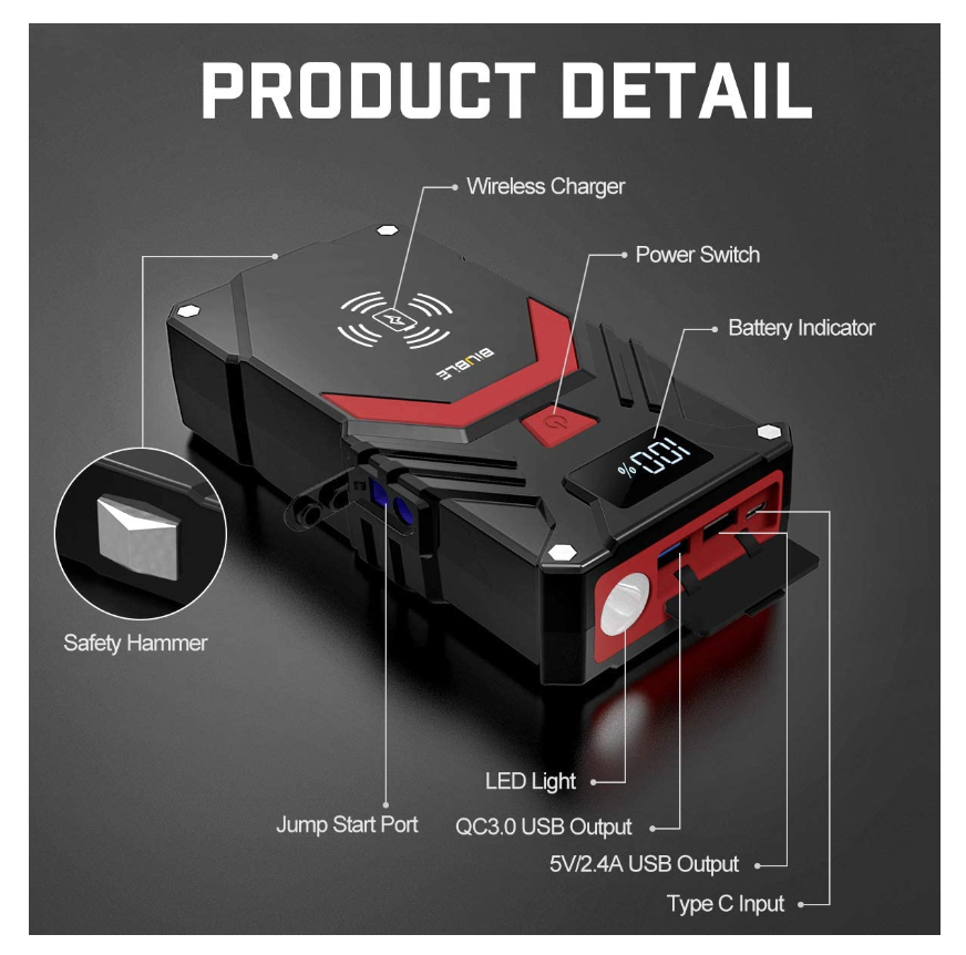 Starter auto multifunctional, robot de pornire si acumulator extern 24000mAh cu incarcare wireless, 2500A 12V, cu lanterna LED - imagine 4